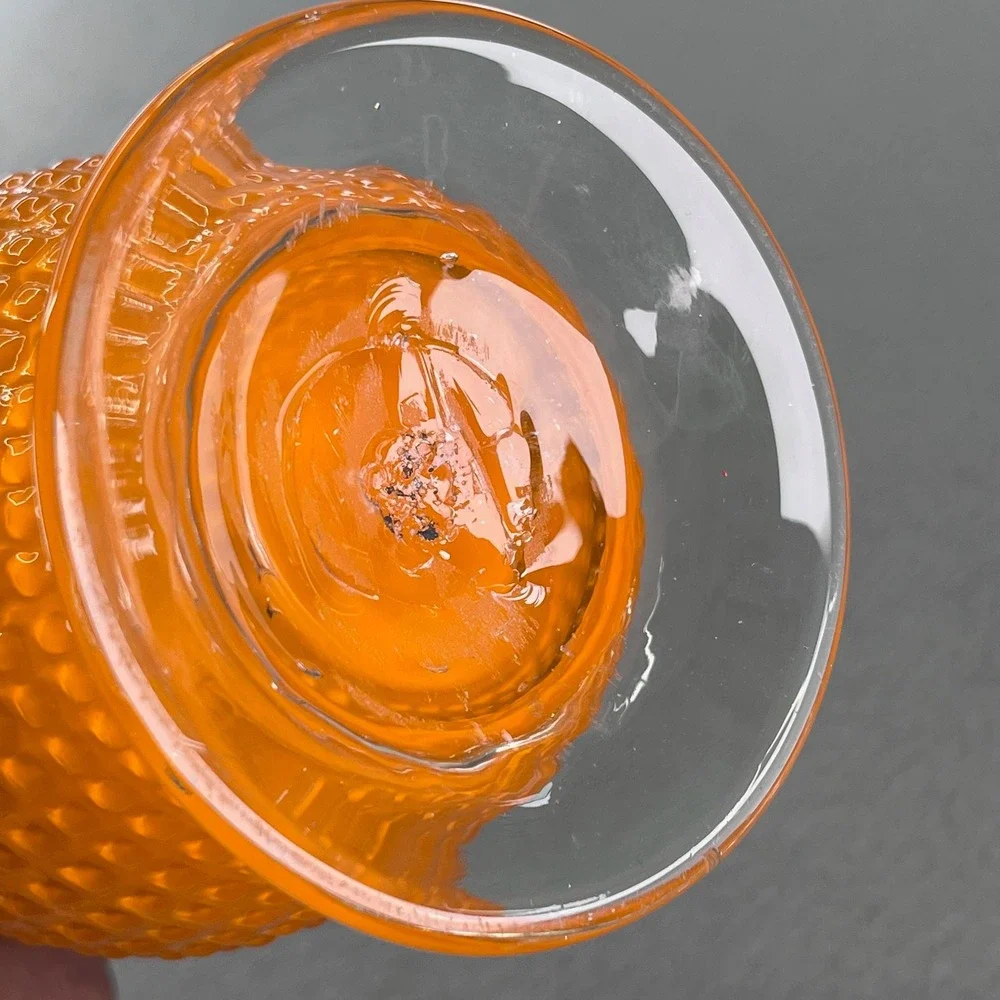 Vintage Orange Hobnail Glass Vase Ruffled Rim Clear Handles 8.5